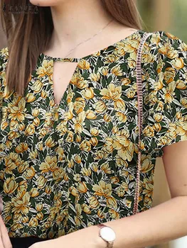 ZANZEA Vasaros Atsitiktinis Blyksnius Rankovėmis Palaidinė Elegantiškas Gėlių Spausdinti Marškinėliai Moteriška O-Kaklo Šalies Tunika Viršūnes Moteris Išpjovos Chemise 2023