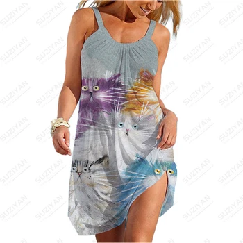 Bohemijos Vasaros Suknelė Paplūdimio Atostogų Šalis 3D Moterų Saulė Suknelė Gatvės Cute Kačių Spausdinti Moterų Laisvas Dirželis Seksualus Apvalios Kaklo Suknelė
