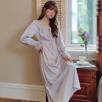 Moterų Nėriniai Kratinys Ilgą Pižamą su Bowknot Satino Sleepdress Loungewear Seksualus Palace Stiliaus Nightdress Kimono Padažu Suknelė