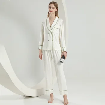 Pavasarį, Rudenį Kelnių Kostiumai prancūzų Stiliaus Moteris 2VNT Pižama Nustatyti V-Kaklo Balta Sleepwear Prarasti Atsitiktinis Satino Loungewear Namų Drabužiai