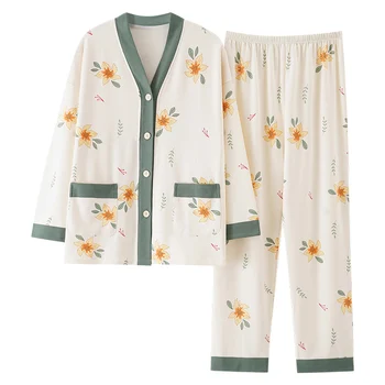 Pavasarį Moterys Pižama Nustatyti Knited Medvilnės Pižamos Moterims Prarasti M-5XL ilgomis Rankovėmis Sleepwear