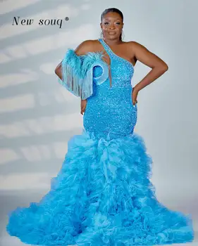 Aso Ebi Dangus Mėlynas Vienos Pečių Raukiniai, Vakaro Suknelės Nigerija Plius Dydis Plunksnos Duobute Kutas Afrikos Juodaodžių Moterų Prom Chalatai