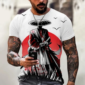 Derliaus Samurajus T-Shirt Žmogui 3d Japonija Stilius Spausdinti trumpomis Rankovėmis Viršūnes Negabaritinių Tees Vyras Atsitiktinis Negabaritinių vyriški Drabužiai