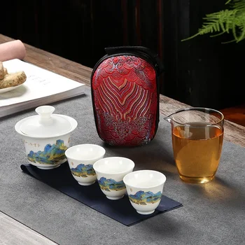 Keraminiai indai Virdulys su 3 Arbatos Puodeliai Porcelianiniai Gaiwan Kung Fu Teaset Nešiojamų Teaware Kelionės Arbatos Rinkinys Drinkware Dovanos