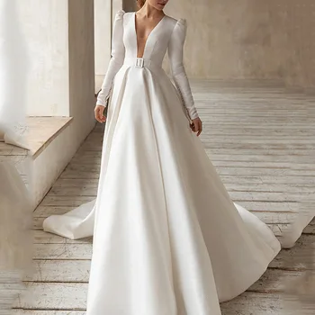 Vakare Suknelė Moterims Baltos spalvos Elegantiškas Giliai V-kaklo, ilgomis Rankovėmis Valymo Traukinio Plisuotos Oficialų Grindų Ilgis Vasaros Prom Chalatai 2023