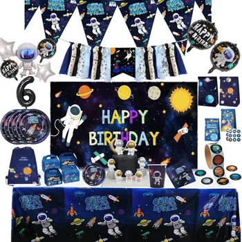 Kosmoso tematikos gimtadienio Vienkartiniai stalo įrankiai plokštės taurės staltiesė Astronautas vėliavos reikmenys Kūdikių dušas