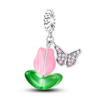 Ryškus 925 Sterling Silver Pink Butterfly & Tulpių Dvigubai Žavesio Tinka Pandoros Apyrankę Vaikų Stovyklavimo Reikmenys, Papuošalai