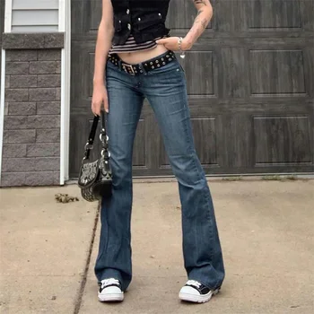 Y2K Krovinių Kelnės Mažai Waisted Flare Kelnės, Džinsai Vintage Estetinės Denim Kelnės * Slim Kišenės Harajuku Poilsiu 90s Streetwear