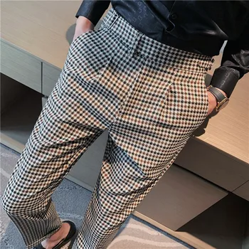 Britų Stiliaus Rudenį Naujų Mados Juostele Pledas Ziajać Kostiumas Vyrams Aukšto Juosmens Dizaino Slim Fit Office Pants Mens Jaunikis Vestuvių Kelnės