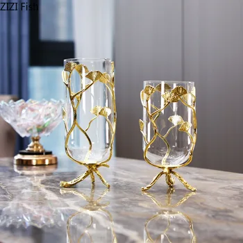 Golden Ginkgo Lapų Stiklo Vaza Hydroponic Gėlių Vazonai, Dekoratyvinis Gėlių Kompozicijų Stalo Apdailos Gėlių Vazos Modernus Dekoro