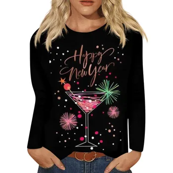 Mados moteriški marškinėliai Kalėdų Spausdinti Atostogų Viršūnes Mergaitėms Y2k Harajuku Long Sleeve T-shirt 2024 Naujųjų Metų Drabužių