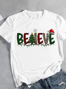 Kalėdų Trumpas Rankovėmis Tee Naujųjų Metų Moterų Drabužių Stilių, Raidę Mielas 90s Saldus Atostogų Mados Spausdinimo T Moterų Grafinis T-shirts